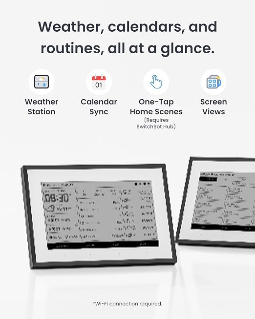 SwitchBot Smart E-Ink Home Dashboard, 7.5" Weather Station, Wireless Indoor & Outdoor Temperature and Humidity Monitor, Electronic Calendar Compatible with Google, iCloud, Outlook(Support 2.4GHz+BLE)