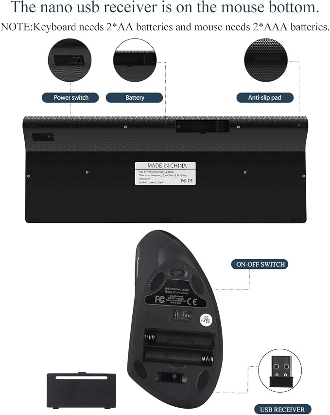 Fonicer Left Handed 2.4GHz Wireless Vertical Ergonomic Mouse and Keyboard Combo Ultra-Thin Portable Size for PC Desktop Computer Laptop Mac Tablet, Black