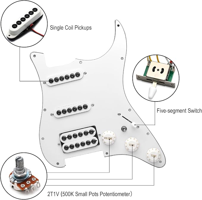 SAPHUE Prewired ST Pickguard Coil Pickups Adjustable Big Screws Loaded Electric Guitar Pickguard for Fender Strandard Straocaster Guitar Parts (SSH,White)