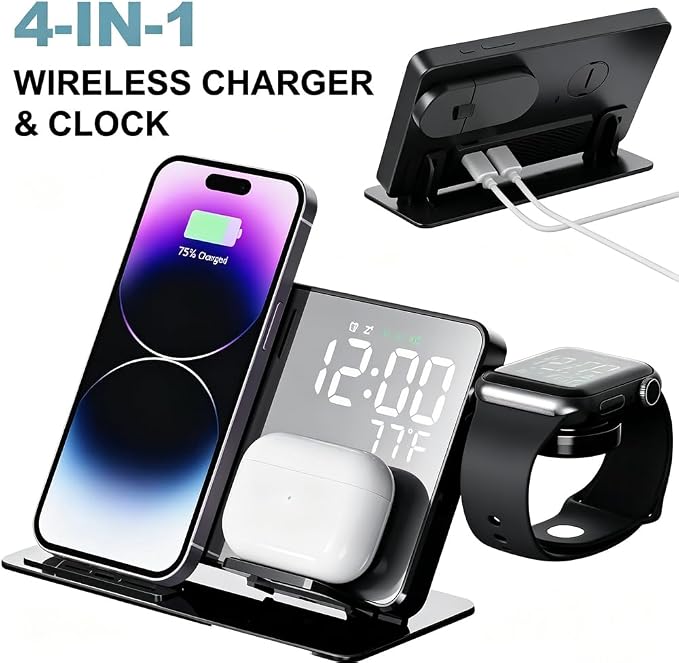IHAO 4in1 Multifunctional Alarm Clock with Magnetic Wireless Charging15W Fast Charge for Qi Phone, Earbuds, iWatch LED Display as Mirror Show Temperature, USB Port, Smart Bedside Organizer-W669 Black