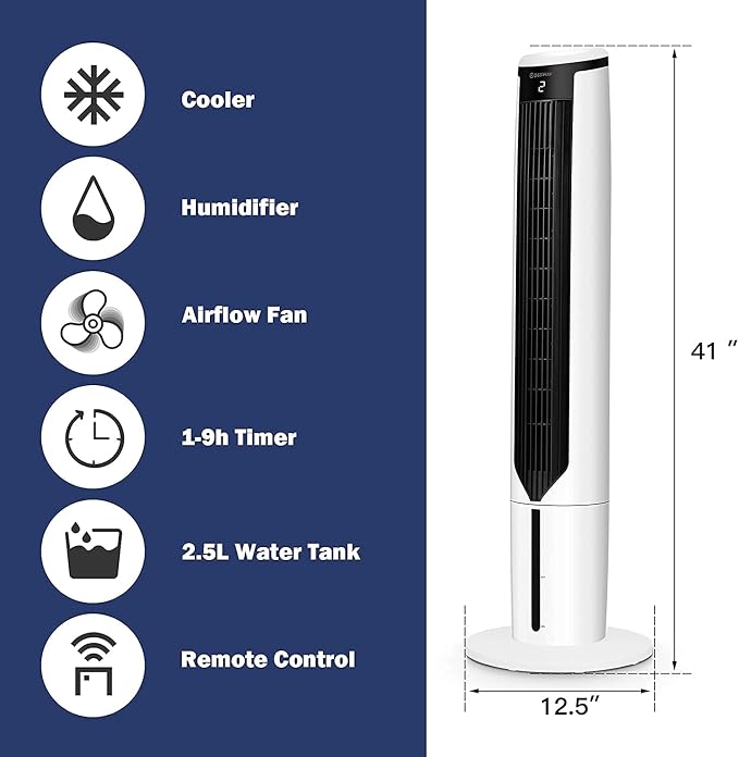 Hysache 3-in-1 Evaporative Air Cooler Humidifier, Portable Bladeless Tower Fan with 9H Time, 3 Modes and 3 Speeds, Remote Control, Display, LED, Ideal for Bedroom, Living Room, Office, White