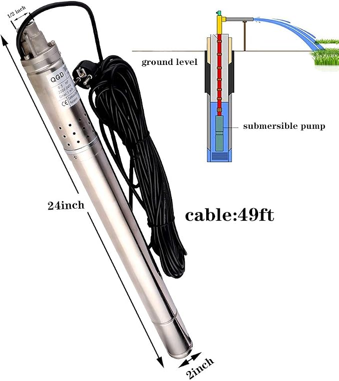 1/2HP Stainless Steel 2" OD Pipe Submersible Bore Pump 1/2 inch Outlet Water Pump 220-240V, 50Hz, Deep Well Pump Screw Submersible Water Pump for Industrial and Home Use