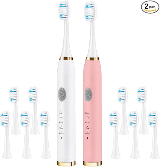 Dnil 2-Pack Rechargeable Sonic Toothbrush for Adults, Long-Lasting Battery Operated, 35,000 VPM Fast Brushing, Includes 10 Brush Heads and 5 Mode Options for Personalized Oral Care (White & Pink)