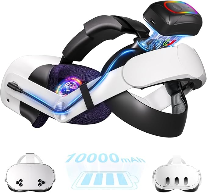 Saqico 10000mAh Dual Magnetic Battery Head Strap Compatible with Meta Oculus Quest 2/3/3S, Cool RGB Battery Pack & Easy to Replace Extend VR Playtime-Premium Comfort & Adjustable, Reduce Facial Stress
