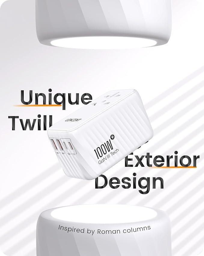 LENCENT Universal Travel Adapter, 100W GaN International Fast Charger with 2 PD3.0 Type C+2 QC USB A, Worldwide Power Adaptor for Phones,Laptops, All in One Travel Essentials for EU/USA/UK/AU, White