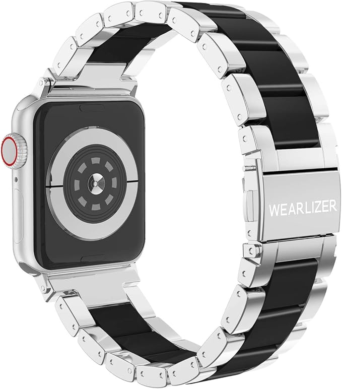 Wearlizer Compatible with Apple Watch Bands 42/44/45/46/49mm Men Womens Replacement Strap Silver Stainless Steel & Black Resin Wristband Fashion iWatch Series 11 10 9 8 7 6 5 4 3 SE/Ultra 3 2 1