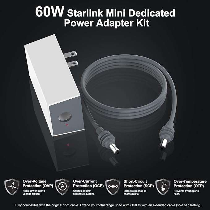 Starlink Mini Power Supply & Accessories, 60W Replacement AC Adapter 30V 2.0A Portable Power Supply with LED Indicator, Includes 9.8FT DC Cable for Starlink Mini Dish