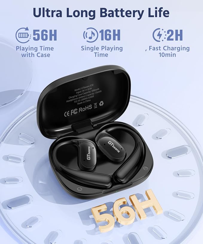 Open Ear Earbuds, Soft Earhook, 56H Playtime, Bluetooth 6.0, Bass | True wireless over ear headphones, Ergonomic fit, Powerful sound, AI clear call mic, IP55 waterproof for work, sport, Black