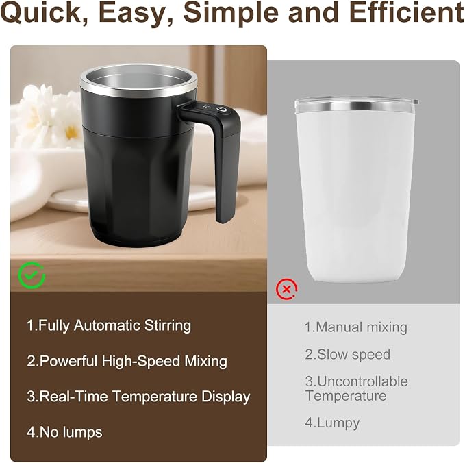 Temperature Display Self Stirring Coffee Mug, Rechargeable Stirring Mug, Automatic Self Stirring Cup with Lid, For Coffee, Milk and Other Beverages, Black