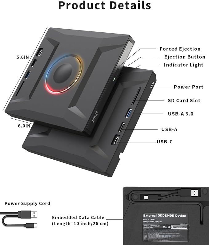 External CD DVD Drive,7 in 1 USB 3.0 and Type-C CD Burner Player Writer with 2 USB Ports and 1 TF/SD Card Slots,Portable Slim Optical Disk Driver for Laptop Mac PC Windows Linux OS