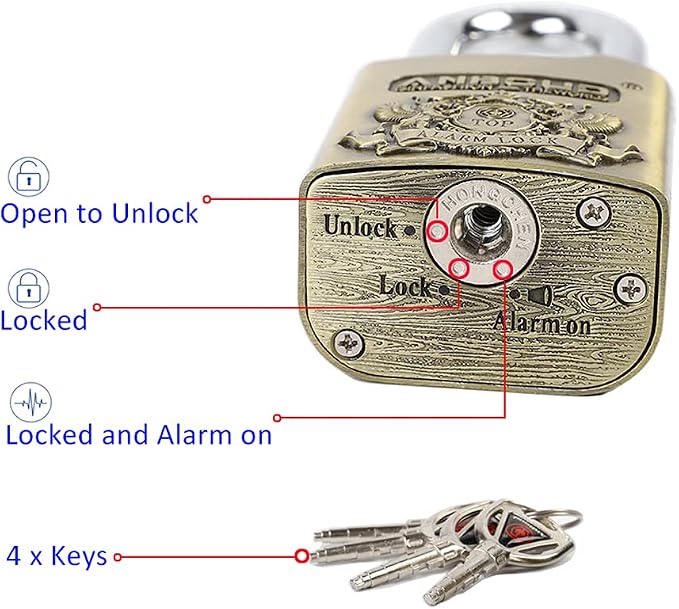 Alarm Padlock - Anti-Theft Heavy Duty Security Alarm Lock - 120db Alarm Sound & 4 Keys-Weatherproof Padlock for Storage Shed, Garage, Locker, Sliding Doors, Cabinets and More - Bronze (10 mm)