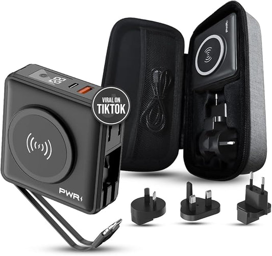 PWRMobile PWR Travel PRO 5-in-1 Power Bank with Case Included– 10,000mAh with Built-in Cables – 20W USB-C + 15W Wireless Charging – Compact Portable Charger for iPhone & Android- Black