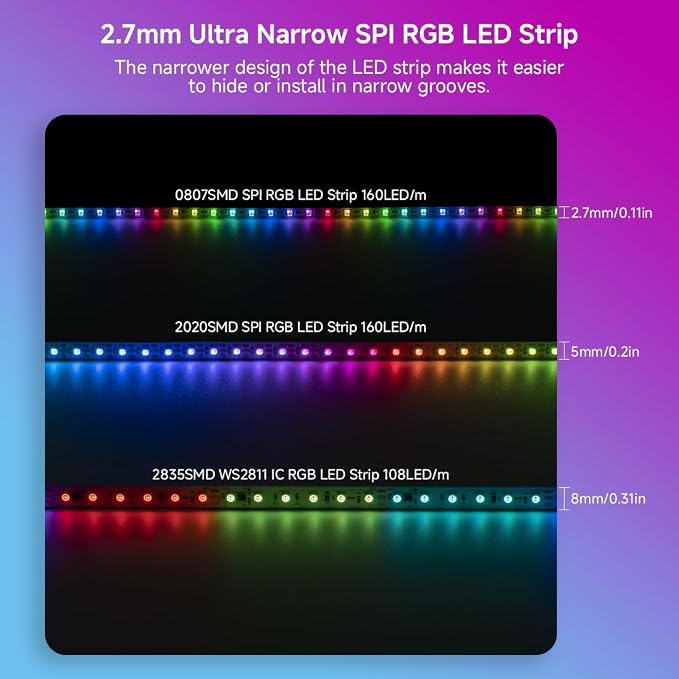 BTF-LIGHTING WS2812B IC RGB 2.7mm Ultra Narrow LED Strip 0807SMD DC12V Individually Addressable 9.8FT 160Pixels/m 480LED Dream Color Tape Light for Home DIY Decoration IP30 (No Adapter or Controller)