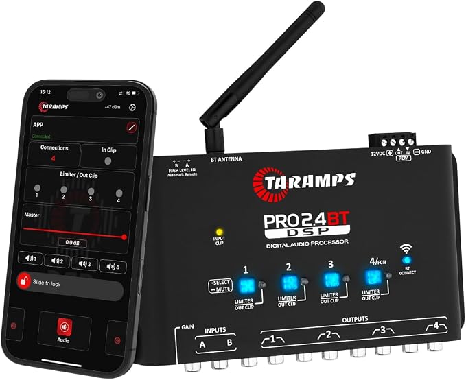 Taramps Pro 2.4 BT Bluetooth DSP Crossover Full, Digital Signal Processor, Car Audio Equalizer with App, Gain up to 9V, 15 Band Graphic Equalization, 12 preset EQ, 2 in and 4 Out, High Level Input