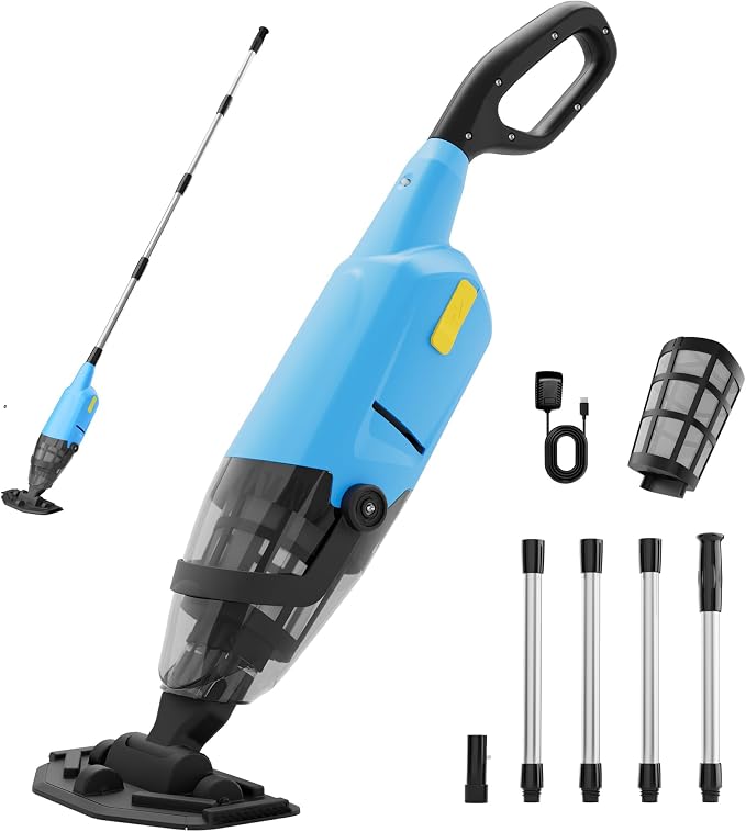 Pool Vacuum Above Ground Pool, 60min Runtime & 4-Section Aluminum Pole, 18 GPM Powerful Suction, Lightweight Cordless Handheld Rechargeable Pool Cleaner with 120μm Fine Filter (Blue)