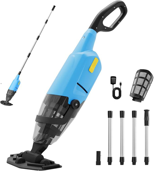 Pool Vacuum Above Ground Pool, 60min Runtime & 4-Section Aluminum Pole, 18 GPM Powerful Suction, Lightweight Cordless Handheld Rechargeable Pool Cleaner with 120μm Fine Filter (Blue)