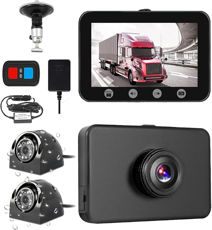 VSYSTO 3CH WiFi Truck Dash Cam, 4.5'' Screen GPS HD 1080P Front & 720P Sides Infrared Night Vision Lens Backup Camera System DVR for Semi Trailer Van Tractor Car RV, G-Sensor Loop Recording