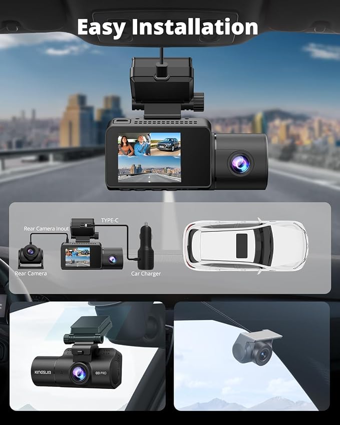 Kingslim 3 Channel 5G WiFi Dash Cam with 64GB Card, 2.5K/1080P Front and Rear Inside Dashcam, 2.5K/1080P/1080P Three Way Dash Camera for Cars Auto IR Night Vision, Loop Recording, APP Control(O3PRO)
