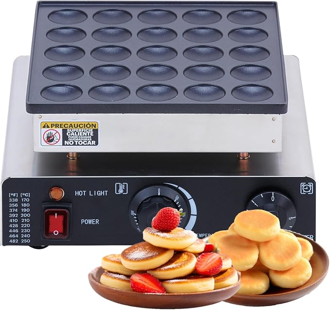 SNICE Commercial Electric Poffertjes Grill, Silver and Black, Stainless Steel, 25 Cavities, Temperature Control, 1700W Mini Dutch Pancake Maker