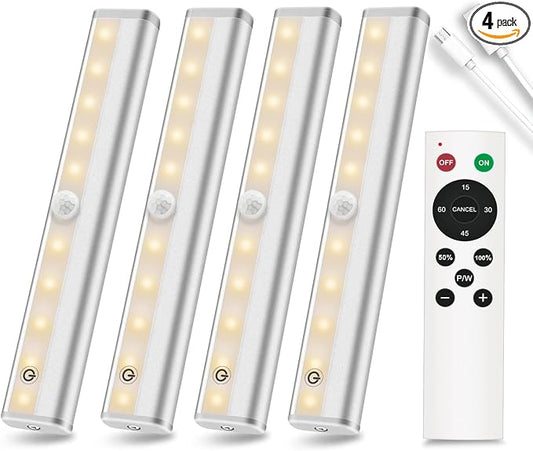 Diomart Under Cabinet Lighting with Remote, 3 Color Temps,4 Pcs | Wireless Rechargeable, 20-LED Dimmable, 10 Level Brightness, Magnetic Stick-on Anywhere, Touch Night Light Kitchen, Wardrobe