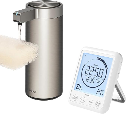 mooas Shower Clock with Waterproof Timer, Temperature, Humidity + Metal Touchless Automatic Liquid Soap Dispenser, Stainless Steel, Rechargeable, IPX5 Waterproof for Bathroom, Kitchen, Handwashing