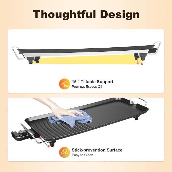 Electric Griddle & Flat Grill with Nonstick Large Cooking Surface and Removable Probe 11" x 26", 32-482℉(Five Gears Adjust)