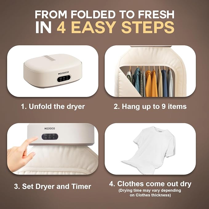 MOJOCO Portable Clothes Dryer - Mini/Compact Dryer for Apartment, RV, Travel - Small Quiet Fast-Drying Machine with Adjustable Timer & Hassle-Free Setup
