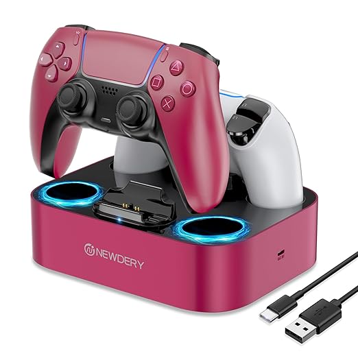 NEWDERY for PS5 Controller Charger Station, Dual Charging Dock for PlayStation 5 DualSense/Edge Controller, Fast Charging Stand with Type-C Cable, Gamer Gift for Women & Girls, Mother's Day