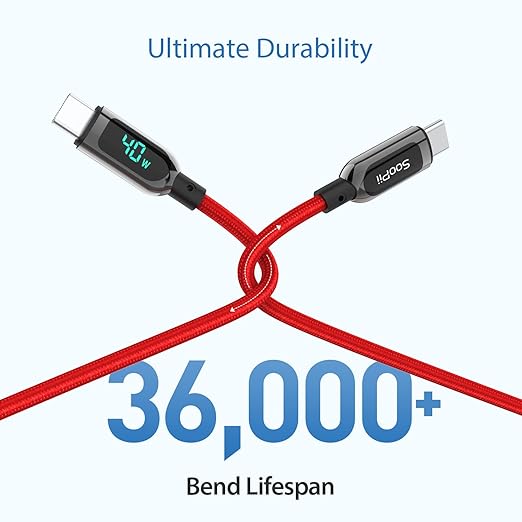 SOOPII 100W USB C to USB C Cable,[4ft,2-Pack],Nylon Braided Fast Charging Cable with LED Display for lPhone 15/15 Pro/15 Plus,lPad Air,MacBook Pro, Galaxy S24/S23(Red)