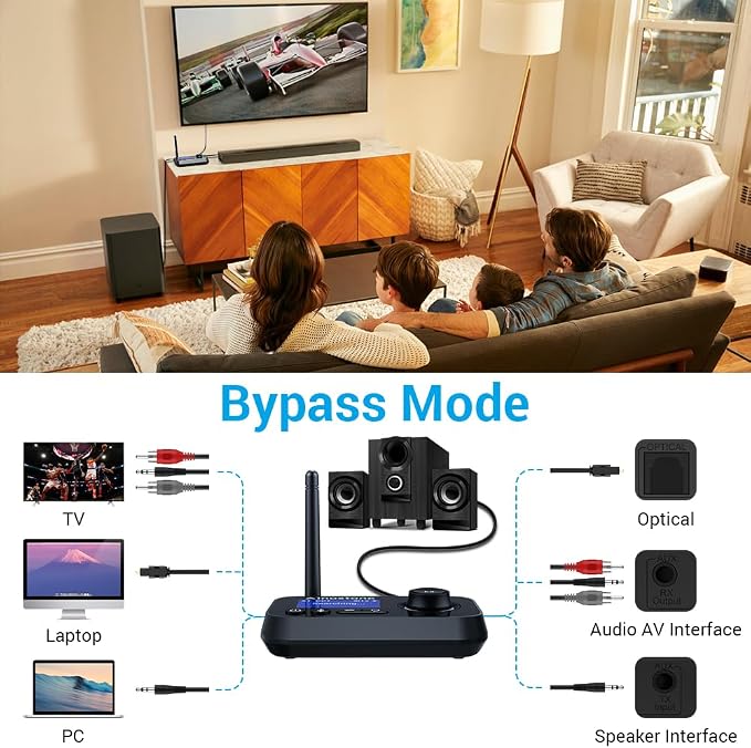 Bluetooth Transmitter Receiver 3-in-1 Bluetooth 5.3 Audio Adapter for 2 Headphones with Bypass Volume Control ON/Off Switch LCD Display 3.5mm Aux/Optical/RCA for Home Stereo TV Speaker PC