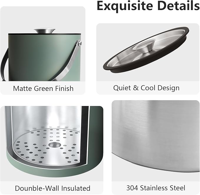 Bakpoco 3L Ice Bucket with Silicone Lid, Scoop, Tongs & Strainer, Stainless Steel Double Wall Insulated Ice Buckets for Parties & Cocktail Bar, Outdoor Champagne Ice Container Bin, Dusty Green