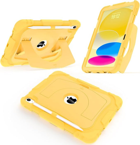 CCMAO Case for iPad 11 inch (A16) 2025/ iPad 10th Generation 2022 (10.9 inch) with Durable Kickstand, Pencil Holder, Hybrid Heavy Duty Shockproof Protective Case for iPad 11/10 Gen, Yellow