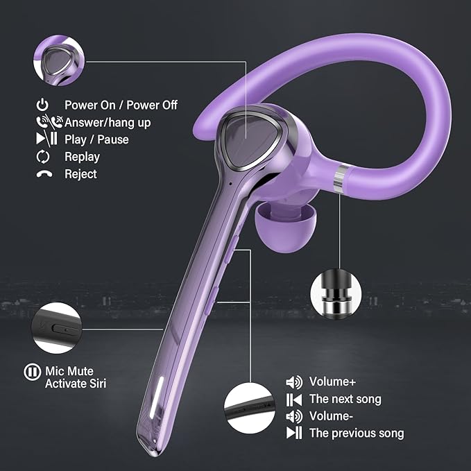 Bluetooth Headset with APTX HD Audio, Wireless Hands-Free Earpiece with CVC 8.0/ENC Dual Mic, Mute Button & Dual Device Connection, 90H Playtime Single-Ear Headphone for Trucker, Business, Purple‌