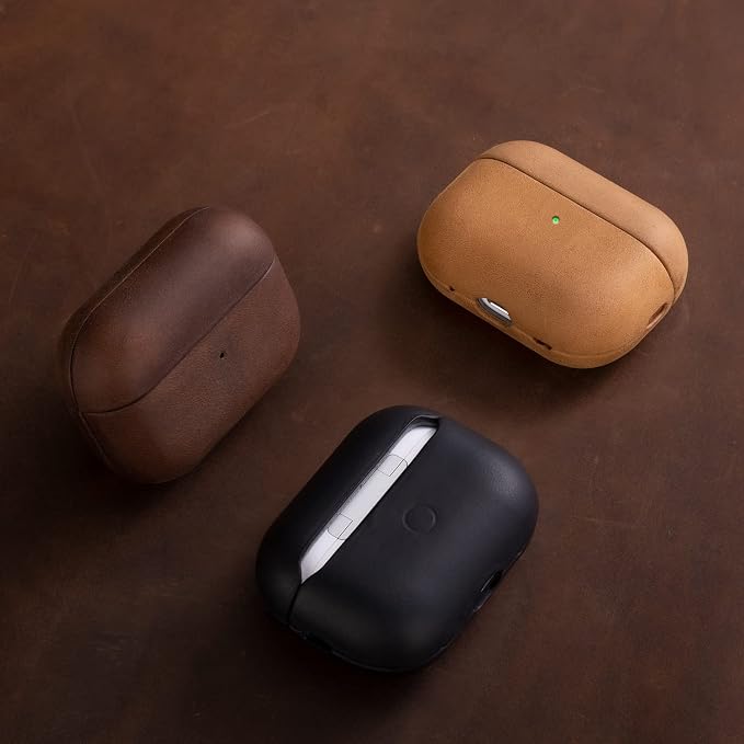Maogoam for AirPods Pro 2nd Generation Leather Case Cover with Button, Genuine Oil Wax Crazy Horse Cowhide Leather Case for Airpods Pro 2, Indiana-Jones Style, The Front LED Visible, Khaki Brown