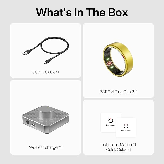 POBOVi Gen 2 Titanium Smart Ring for Women & Men, Sleep & Heart Rate Tracker, No Subscription, Size Before You Buy (Gold, 9)