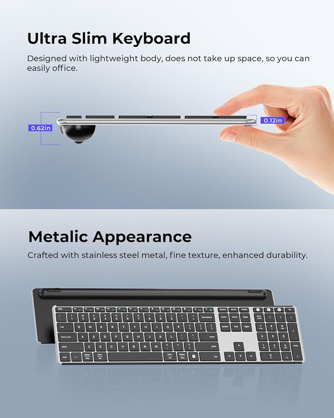 seenda Wireless Bluetooth Keyboard and Mouse Combo, SKM64-3 Rechargeable Slim Quiet Keyboard Mouse, 3 Multi-Device Connection, Compatible for Windows 11/10 PC Laptop Mac MacBook iPad, Black Silver