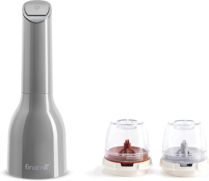 FinaMill Classic Battery Spice Mill – Battery Operated Salt and Pepper Grinder Set, Includes 2 Interchangeable Spice Pods, Adjustable Coarseness, LED Light, Home and Kitchen Gift Set for Father's Day