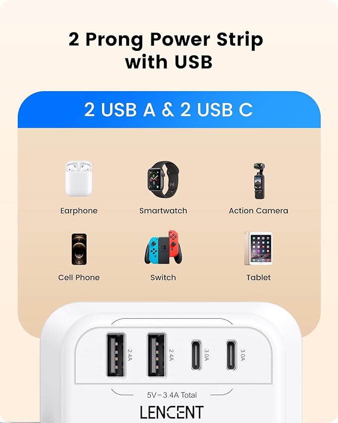 LENCENT 2 Prong Power Strip, 3 to 2 Prong Outlet Adapter, 2 Type C&2 USB, Surge Protector, Polarized Plug, 3-Sided Wide Spaced Extender, Wall Tap Splitter for Non-Grounded Outlets in Old House