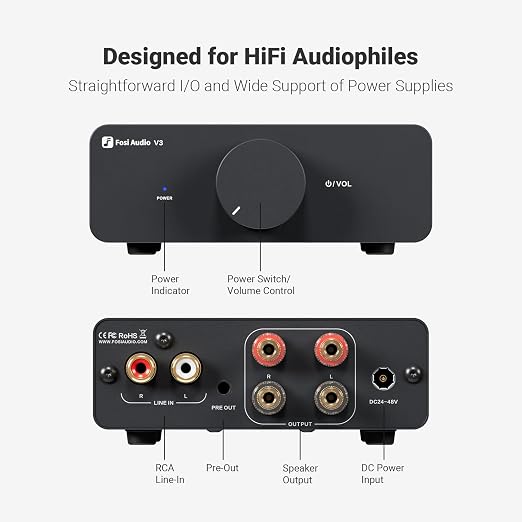 Fosi Audio V3 Stereo Amplifier Home Audio 300 Watts x2 Power TPA3255 Class D Mini Speaker Amp 2 Channel Audio Component for Passive Bookshelf Tower Speakers Desktop Home Theater with 48V Power Supply