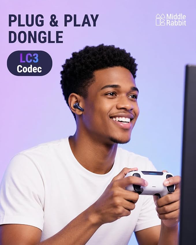 Middle Rabbit SW4 Pro Gaming Earbuds with Mic Wireless, 2.4G Dongle + Bluetooth Dual Mode, 20ms Low Latency, Compatible with PS5, PS4, PlayStation, Desktop&Laptop PC, VR