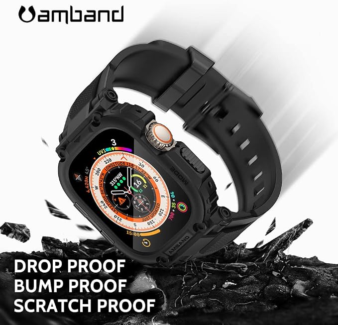 amBand Bands Case Screen Protector Compatible with Apple Watch Ultra 3/2/1 49mm for Men, M1 Sport Series Rugged Cover Strap and 9H Tempered Glass, Military Protective Bumper for iWatch 49 mm Men Black
