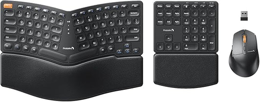 ProtoArc Ergonomic Keyboard Mouse, EKM04 2.4GHz USB Wireless Ergo Keyboard Mouse Combo with Separate Numeric Keypad, Split Design, Hard Wrist Rest, Rechargeable, for Windows Desktop/PC/Laptop