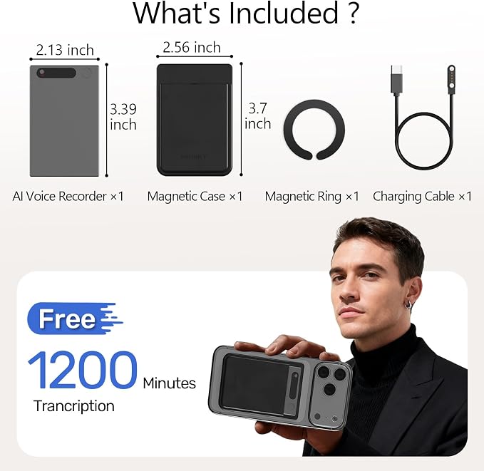 AI Smart Voice Recorder, 64GB 1000+ Hours Audio Recorder with Fast AI Transcription, Summaries, Mind Map, Q&A, Data Safe, Ultra-Thin, Magnetic Case, for Meetings, Calls, Lectures, Matte Grey