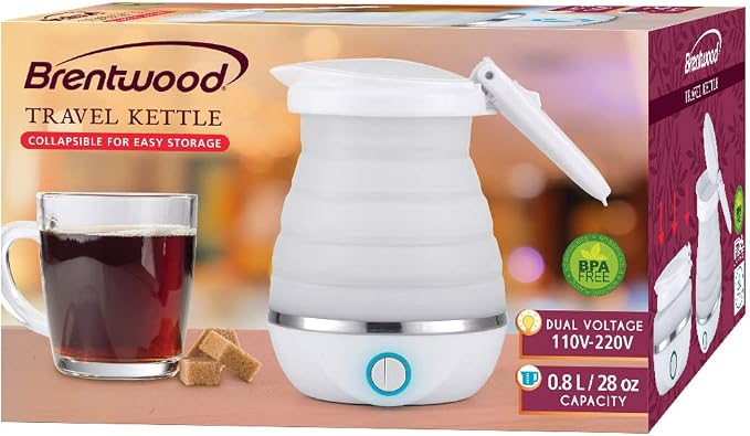 Brentwood KT-1508W Dual Voltage 120/220 Volt 0.8 Liter Collapsible-Travel Kettle, White