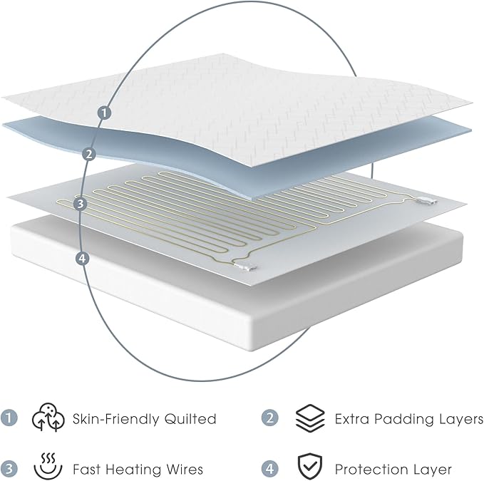King Size Electric Heated Mattress Pad - Quilted Bed Warmer with Memory & Preheat Functions, 12 Heat Settings Dual Control for 1-12 Hours Auto Off, Lighted Button