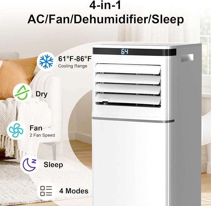 Electactic 8000 BTU Portable Air Conditioner for Bedroom, Quiet 4-in-1 Portable AC Unit with Cooling, Dehumidifier & Fan Modes, Sleep Mode, Remote Control & 24H Timer