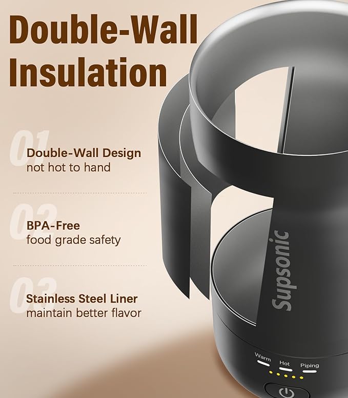 Supsonic - 14oz Heated Coffee Mug, Self-Heating Travel Mug with 3-Temp Settings, Insulated Stainless Steel Constant Temperature Heating Mug for Beverage, Smart Heating Portable Coffee Mug | S1