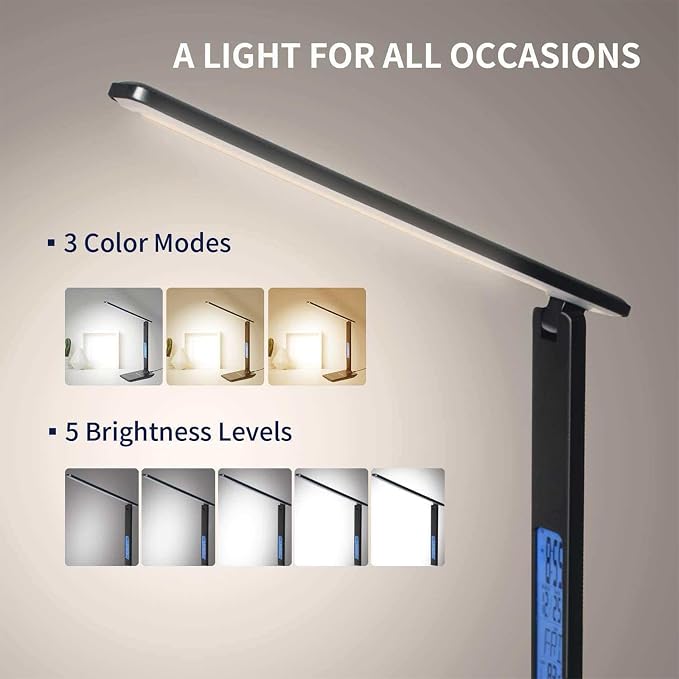 Smart Alarm Clock Lamp with Transparent Display,Wireless Charger Station,Dimmable Table Lamp with 3 Color Modes 5 Brightness,180° Flexible Desk Light for Bedroom,T26 White.