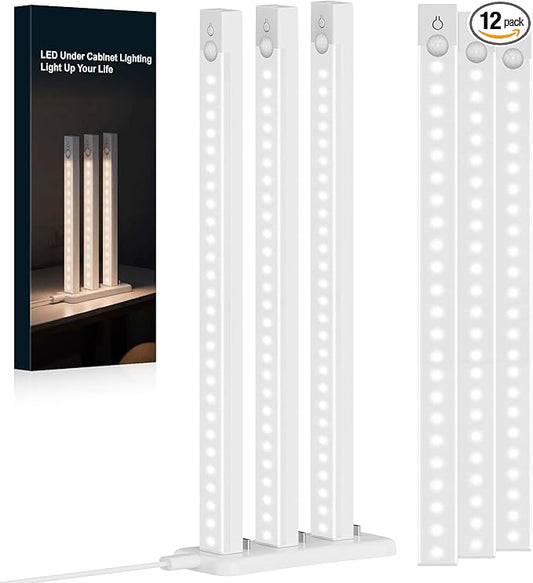 12-Pack 12-Inch Under Cabinet Lighting with 2 charging station Rechargeable Motion Sensor Light Indoor 3 Color Dimmable Closet Light,USB Stick LED Magnetic Under Counter Lights for Kitchen Stair