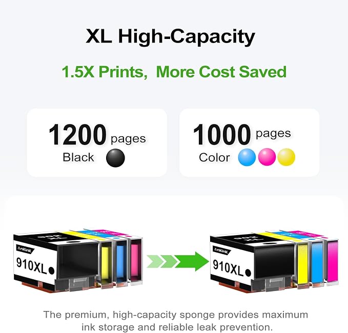 910XL Ink Cartridges Combo Pack Replacement for HP 910 XL HP910 HP910XL Use for HP Officejet Pro 8015e 8025e 8028e 8010 8025 8020 8020e 8022e 8035 8035e printer Black Color Cyan Magenta Yellow(4-Pack)